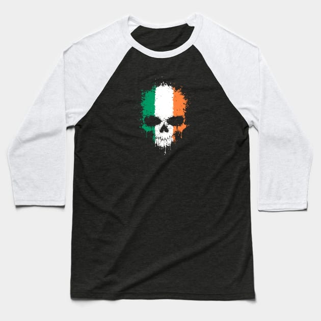 Chaotic Irish Flag Splatter Skull Baseball T-Shirt by jeffbartels